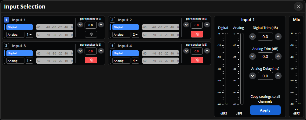 input selection panel menu with input 1 selected.