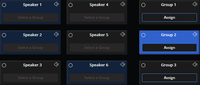 group 2 selected, speaker devices 1, 2, and 6 displaying they belong to group 2