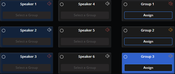 group 1 muted and group 3 selected. Each speaker that belongs to group 1 is muted. each speaker that belongs to group 3 has a dark highlight. speakers 1 and 3 belong to both group 1 and group 3.