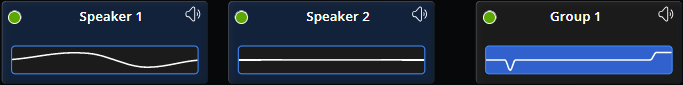 group selected with e q curve displayed. two speakers indicating that both are part of the selected group. speaker 1 has an e q curve displayed.