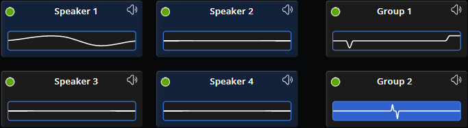two groups selected with e q curves displayed. 4 speakers indicating that 3 are part of the selected group. speaker 1 also has an e q curve displayed.