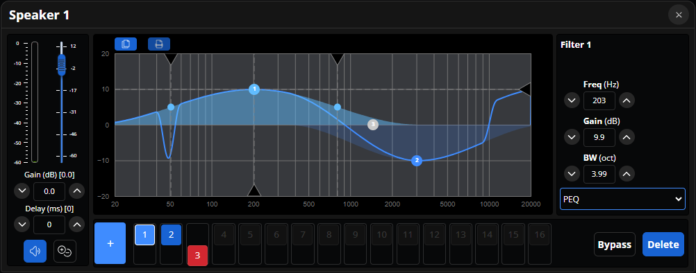 speaker 1 panel menu with speaker e q and group e q curves displays overlapped.