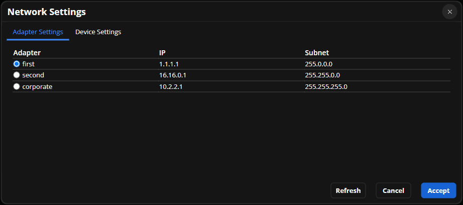 Network settings pop up with adapter settings tab selected